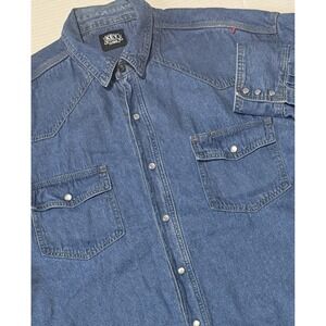 KEY - Men's Blue Denim Workwear Chore Pearl Snap Long Sleeve Shirt - Size XLT